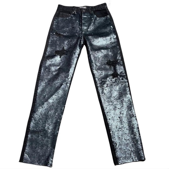 Neon Blonde x Free People The Lover Mid Rise Sequin Embellished Straight Leg - Picture 1 of 12